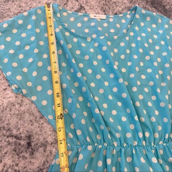 Everly Small High Low Short Sleeve Light Blue & White Polka Dot Dress Spring - Picture 5 of 7